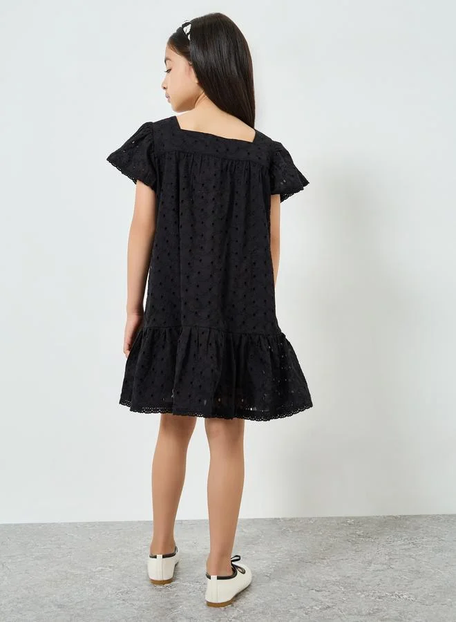 Styli Girls Black Schiffli Ruffled Hem Dress